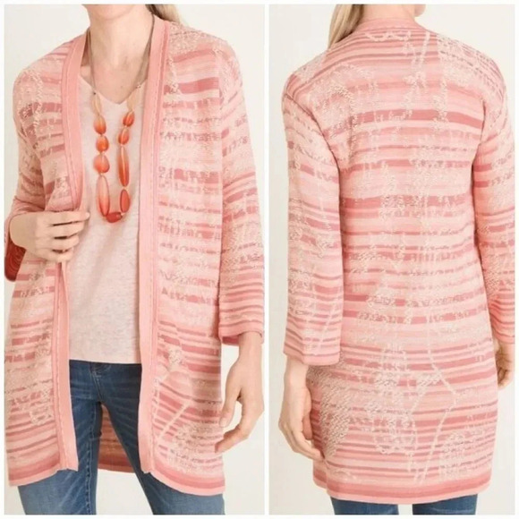 Chico's, Pink Embroidered Striped Jacquard Silky Cardigan Sweater Size Large - Picture 1 of 10